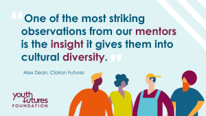 Graphic reads: "One of the most striking observations from our mentors is the insight it gives them into cultural diversity". A quote from Alex Dean at Clarion Futures.